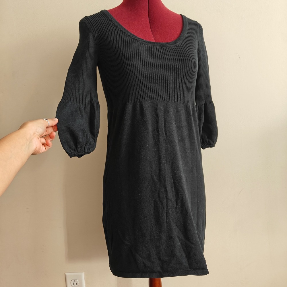 Forever Mini Dress Rib‎ Knit Fit Flare Black Balloon Sleeve Scoop Neck Small